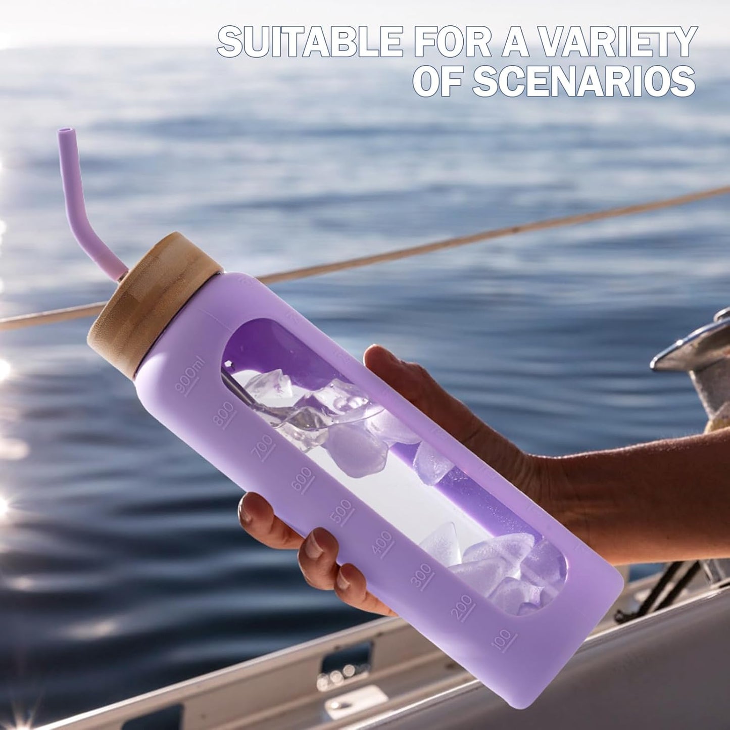 32oz Glass Water Bottle with Straw and 2 Lids- Bamboo Straw and Spout Lid with Phone Holder for Gym, Glass Drinking Bottles with Silicone Sleeve and Motivational Time Marker, Purple