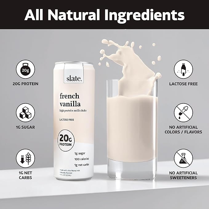 Slate Milk - High Protein Milk Shake - French Vanilla - Lactose Free, 20g Protein, 1g Sugar, 100 Calories, 1g Net Carbs, No Added Sugar - Natural, Breakfast Boost, Post Workout - 11 fl oz, 24 Cans