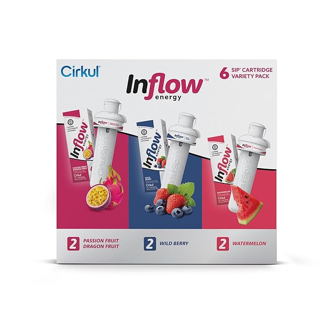 Cirkul Inflow Energy Flavor Cartridge Variety Pack with Caffeine, 6-Pack (2 Passion Fruit Dragon Fruit, 2 Wild Berry, 2 Watermelon), No Sugar, Zero Calorie Drink Mix