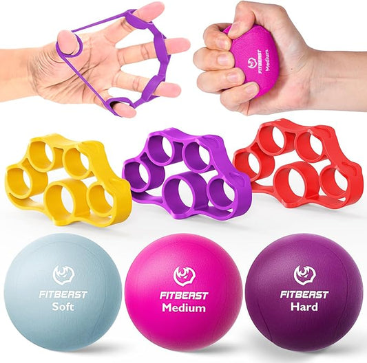 FitBeast Grip Strength Trainer – 6 Pieces Hand Therapy Kit with Finger Extension Exerciser & Stress Balls for Adults, Rehab & Strength Training – for Men, Women, and Seniors