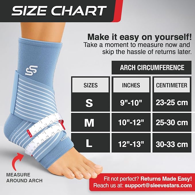 Sleeve Stars Ankle Brace for Women & Men, Ankle Wrap for Sprain, Compression Sleeve for Plantar Fasciitis Relief, Easy Customizable Support: w/ Removable Strap (Single/M:10"-12"/Light Blue)