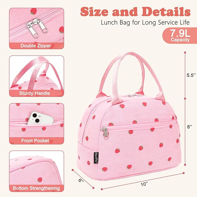 FlowFly Insulated Lunch Bag for Women – Corduroy Lunch Tote Box, Cute Cooler Bag for Work, Travel, Picnic,Corduroy Strawberries RoseRed
