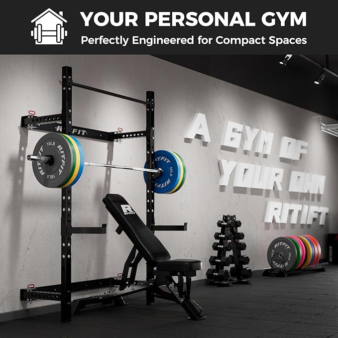 RitFit Multi-Functional Folding Squat Rack for Home Gym, 2.36'' x 2.36'' Wall Mounted Squat Rack with Attachments - Space Saving Squat Power Rack