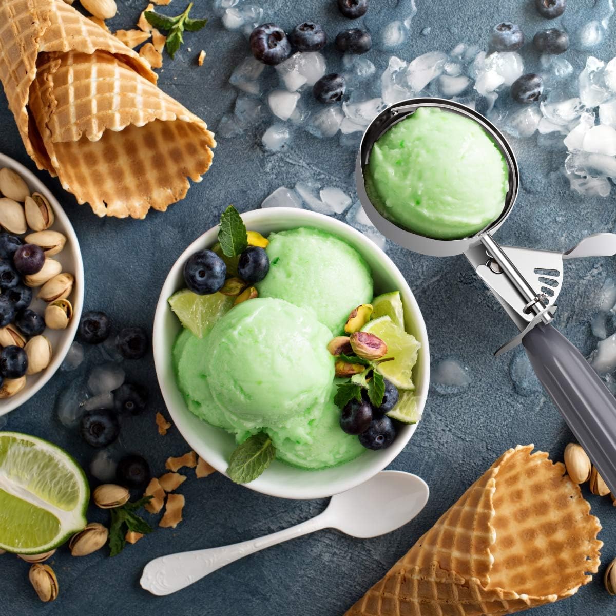 Commercial-Grade Ice Cream Scooper 4 oz, 18/8 Stainless Steel Cookie Scoop with Plastic Handle, Portion Control Disher Scoop for Bakeries, Restaurants & Dessert Shops, #8, Grey