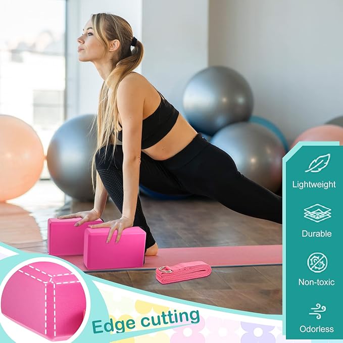 Meooeck 18 Pcs Yoga Block and Strap Set 9 x 6 x 3 Inch EVA Foam Non Slip Brick 8 ft Yoga Straps for Stretching D Ring Design for Back to School Pilates Fitness Workout Exercise