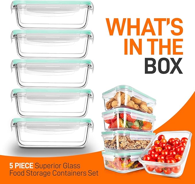 NutriChef 10-Piece Superior Glass Food Storage Containers Set (5 Containers + 5 Locking Lids),Stackable Meal-prep Design, BPA-free Airtight Clear Locking lids with Vent Lids & Air Hole, Green
