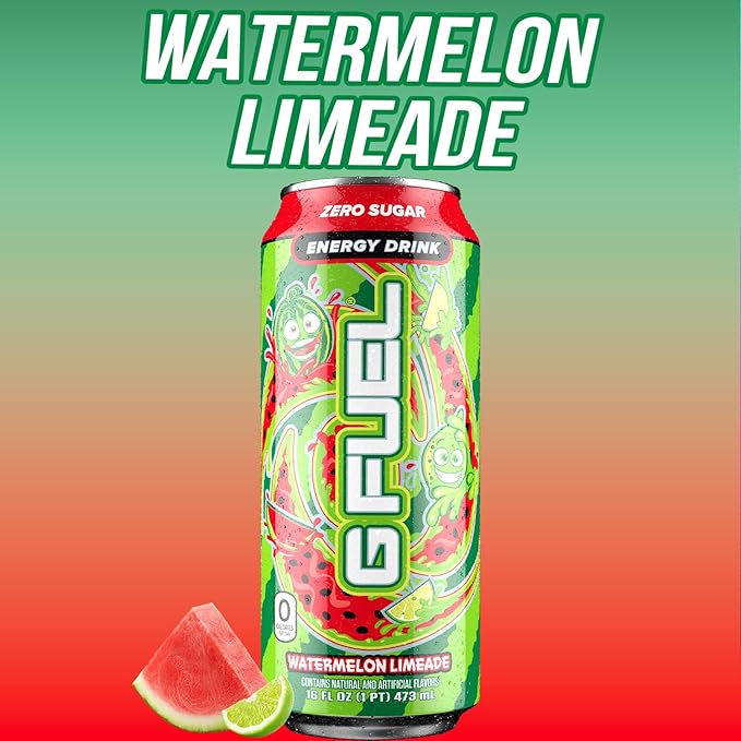 G Fuel Energy Drink, Watermelon, Sugar Free Beverage with 300mg Caffeine, Daily Energy Boost with Focus Amino, Vitamin + Antioxidants, 16 oz Cans (Watermelon Limeade, 12-Pack)