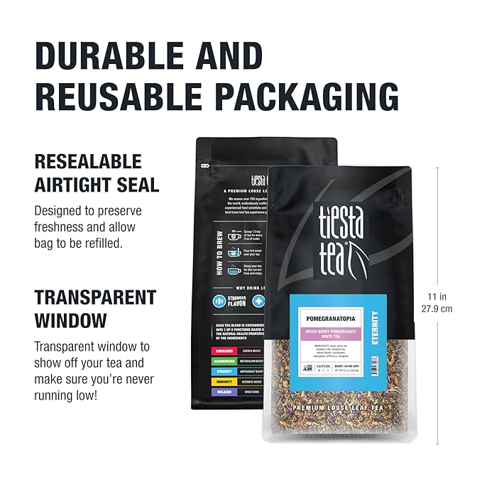 Tiesta Tea Pomegranatopia – Premium Loose Leaf Mixed-Berry Pomegranate White Tea | Low-Caffeine Blend | Hot & Iced | 8oz Resealable Pouch | Brews Up to 200 Cups