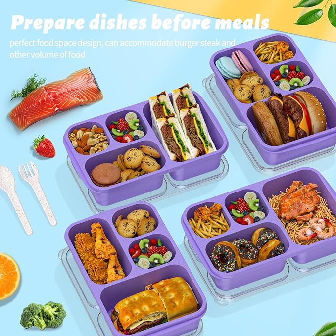 Large Capacity Bento Box for Adults, 4-Piece Set – Stackable Lunch Box with 4 Compartments, Microwave & Dishwasher Safe, Reusable Meal Prep Containers, Snack Containers for Kids & Adults (Purple)
