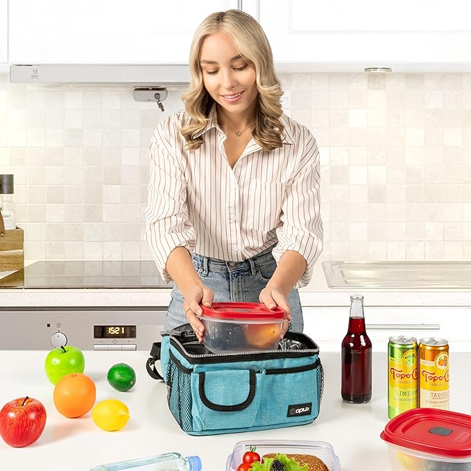 OPUX Lunch Box for Men, Adult Lunch Box Cooler, Insulated Lunch Bag Women, Dual Compartment Lunchbox for Work, Leakproof Double Decker Lunch Bag, Soft Lunch Pail Tote Boys Girls Kids School, Teal Blue