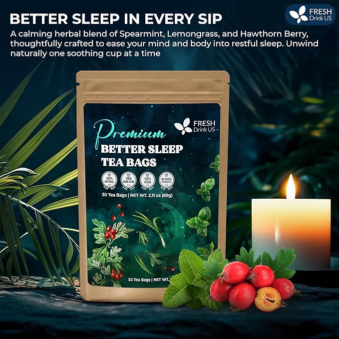 FreshDrinkUS, Premium 55 Tea Bags Better Sleep Herbal Tea | Caffeine-Free Loose Leaf Blend with Spearmint Leaves, Lemongrass Leaves, and Hawthorn Berry β Naturally Refreshing and Aromatic.