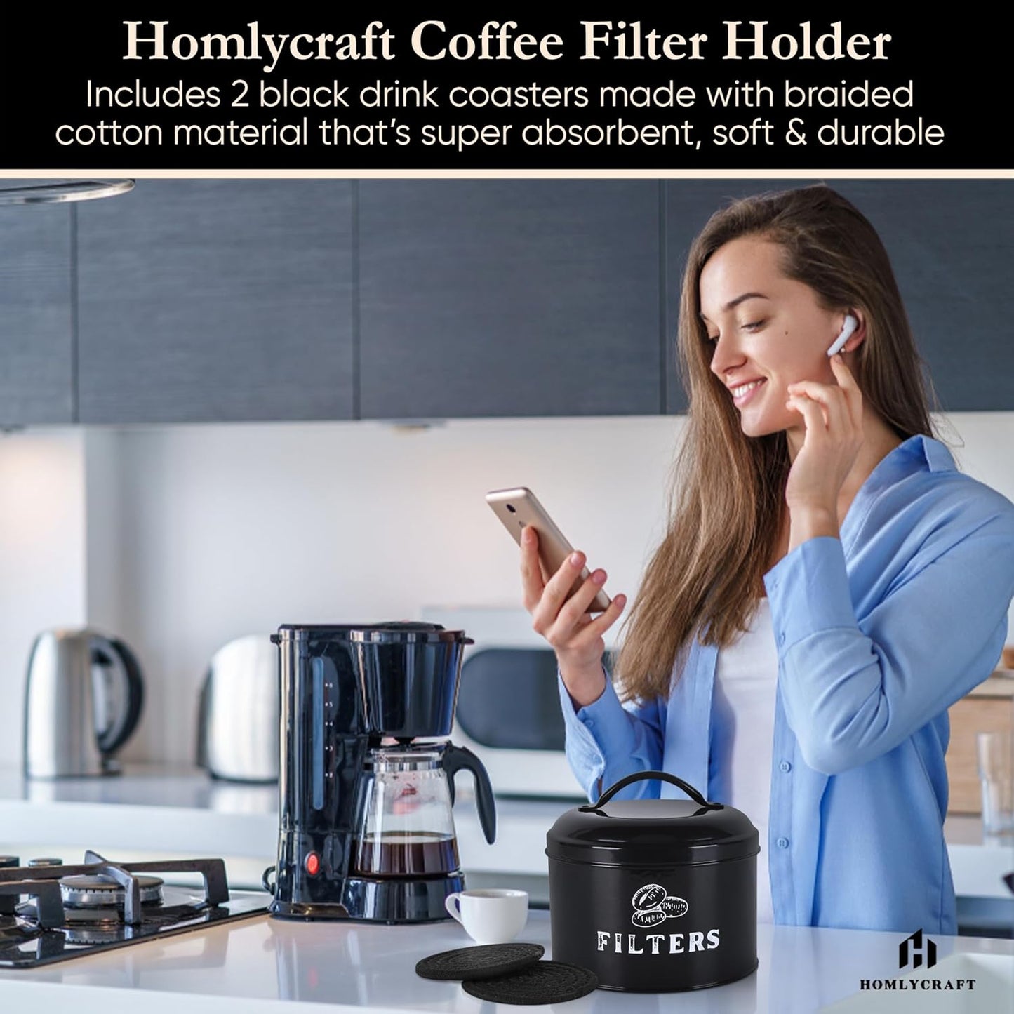 Coffee Filter Holder – Coffee Filter Holder for Counter with Braided Cotton Drink Coasters – Vintage Coffee Filter Container with Lid – Accessories for Coffee Bar, Home(Black)