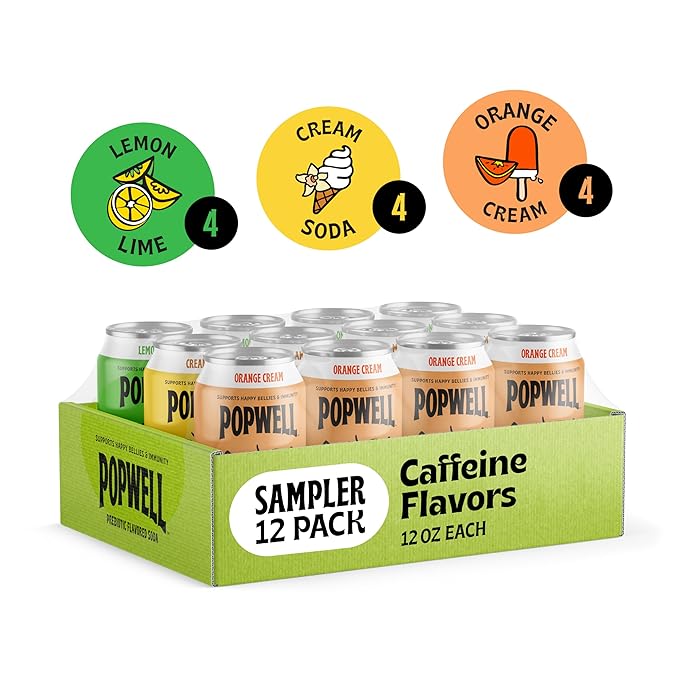 Popwell Caffeinated Variety Pack Better-For-You Prebiotic Soda, with 6g Fiber, 1g Sugar, Vitamins and Immunity Support, 12 fl oz, 12 count (Orange Cream, Lemon Lime, Cream Soda)