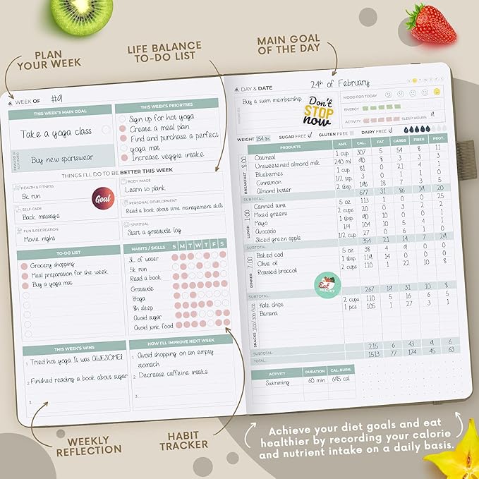 Clever Fox Wellness Planner - Weekly & Daily Health and Wellness Log, Food Journal & Meal Planner Diary for Calorie Counting, Notebook for Medical Condition Tracking, A5-Sized - Pearl