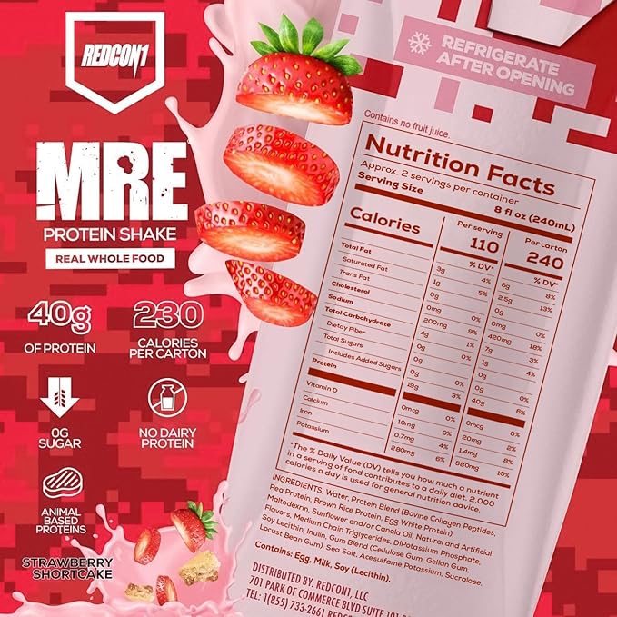 REDCON1 MRE Ready to Drink Protein Shakes, Strawberry Shortcake - Protein Drinks with Whole Food Sources - Sugar Free RTD Shake Formulated to Fuel Athletes at Any Time (12 Pack)