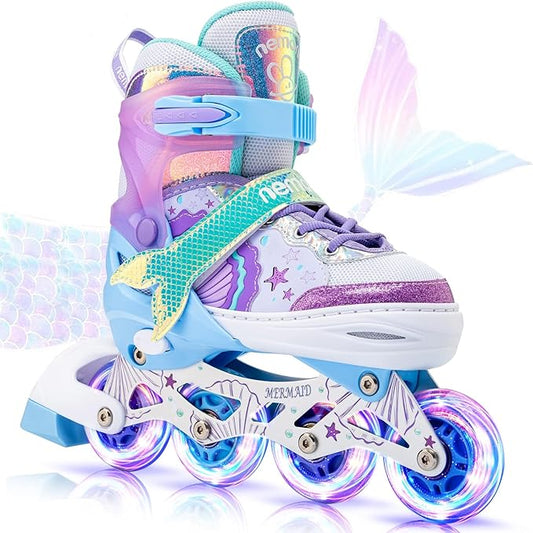 NEMONE Mermaid Inline Skates, 4 Sizes Adjustable Skates for Girls Kids with Light up Wheels, Indoor Beginner Outdoor for Kids Ages 4-6 5-8 6-12 8-12