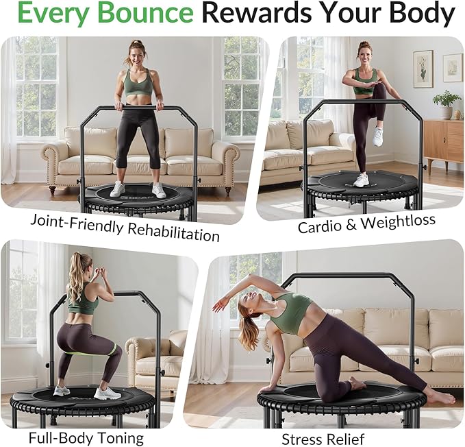 BCAN 40"/48" Rebounder Trampoline for Adult, 450/550LBS Fitness Trampoline with Bungees, Adjustable Handle, Stable & Quiet, Indoor Outdoor, Whole-Body Workout & Relaxation at Home for Women/Men