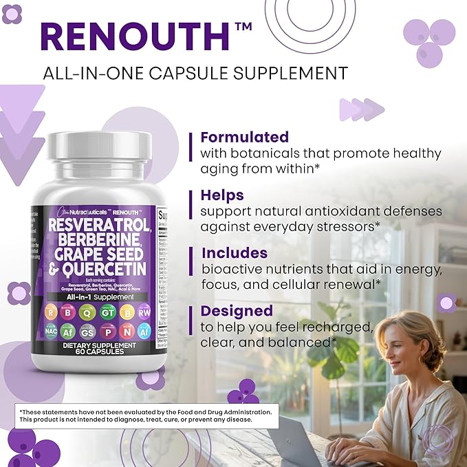 Clean Resveratrol Supplement | Berberine Grape Seed Extract Quercetin Green Tea Extract Acai Noni Polyphenol Supplement for Women & Men Anti Aging N-Acetyl Cysteine NAD Booster