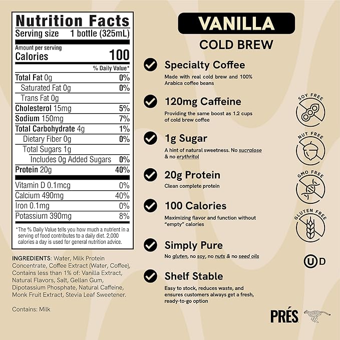 Protein Coffee - Real Cold Brew with Creamy Vanilla - 20g Ready To Drink Protein - 1g Sugar - 100 Calories - No Added Sugar, 99% Lactose Free Keto Friendly Proffee - 11 FL OZ - 12pk Vanilla
