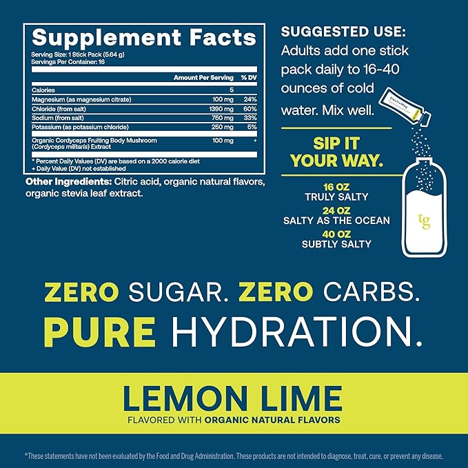 True Grace ElectroMag - 16 Stick Packs (Pack of 2) - Lemon Lime - Electrolyte Powder for Rapid Hydration - Sodium, Potassium, Magnesium & Cordyceps - Zero Sugar & Carbs - Non-GMO - 32 Total Servings