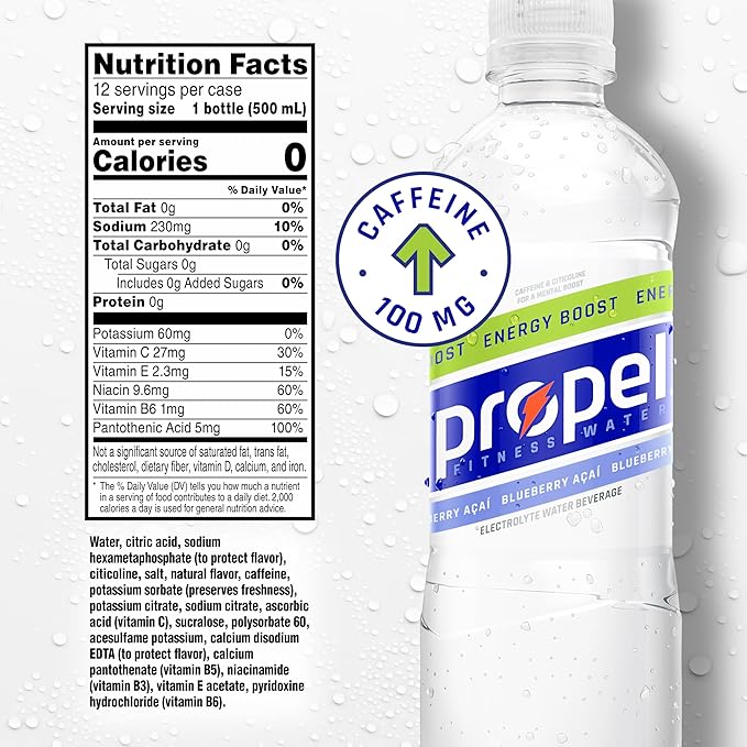 Propel Energy Boost Zero Calorie Flavored Water With Electrolytes and Caffeine, Blueberry Acai, 16.9 fl oz Bottles (12 Pack)