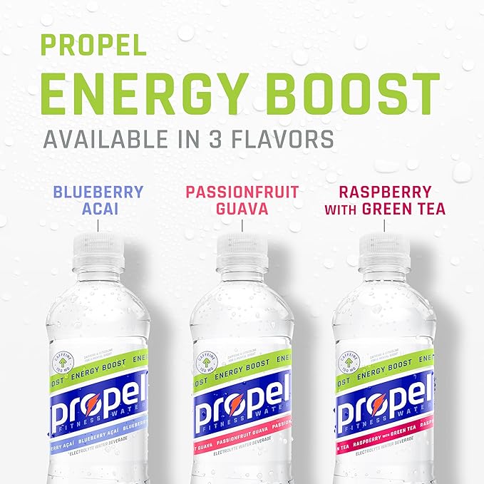 Propel Energy Boost Zero Calorie Flavored Water With Electrolytes and Caffeine, Blueberry Acai, 16.9 fl oz Bottles (12 Pack)
