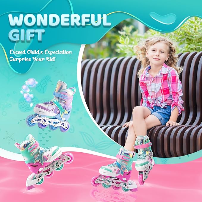 NEMONE Mermaid Inline Skates, 4 Sizes Adjustable Skates for Girls Kids with Light up Wheels, Indoor Beginner Outdoor for Kids Ages 4-6 5-8 6-12 8-12
