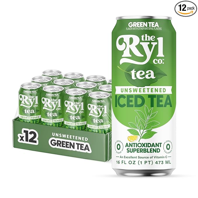 Ryl Unsweetened Green Iced Tea – Antioxidant Superblend, No Artificial Ingredients, Zero Sugar, Zero Calorie, Low Carb, Non-GMO, Kosher, Gluten Free, Made in the USA, 12-Pack, 16 Fl Oz