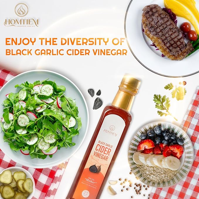 Homtiem Black Garlic Cider Vinegar – Naturally Fermented Vinegar Made with Black Garlic and Cider Vinegar, Gluten Free, Rich in Health Benefits, Ideal for Salad Dressings, Sauces, Drinks, and Healthy Recipes (350ml, Pack of 2)