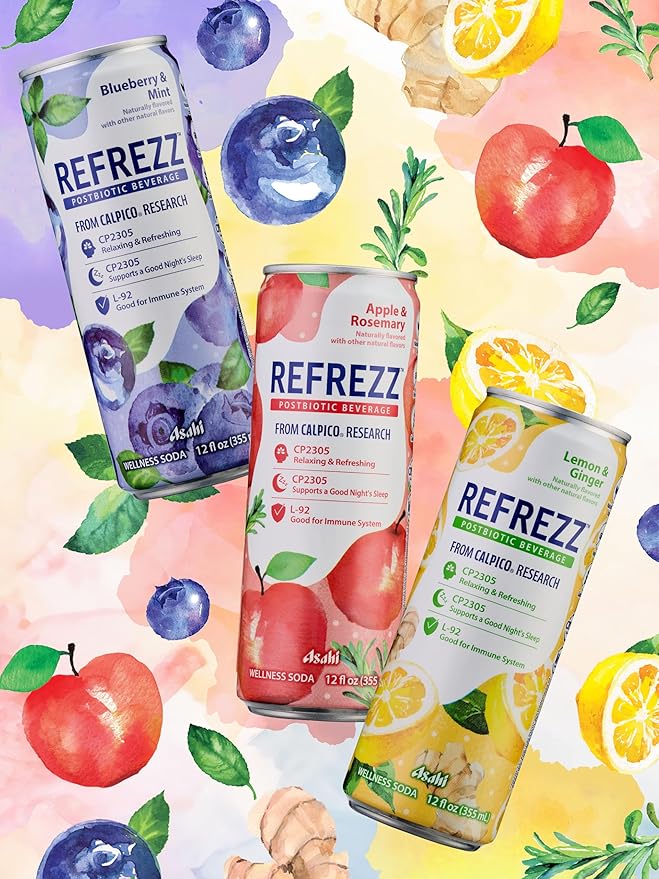 REFREZZ Postbiotic Beverage, Blueberry & Mint, Relaxing and Refreshing, Supports a Good Night's Sleep, Good for Immune System, Gluten Free, Non‑GMO, 35Calories, 12oz (12Cans)