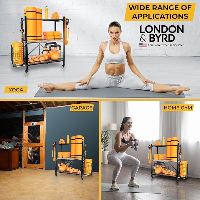 London & Byrd - No Assembly - Home Gym Storage Rack. Steel Construction, Heavy Duty Wheels, with Basket and Hooks. Great for Home Gym Equipment, Yoga mats, Kettlebells, and Small Dumbbell Storage.