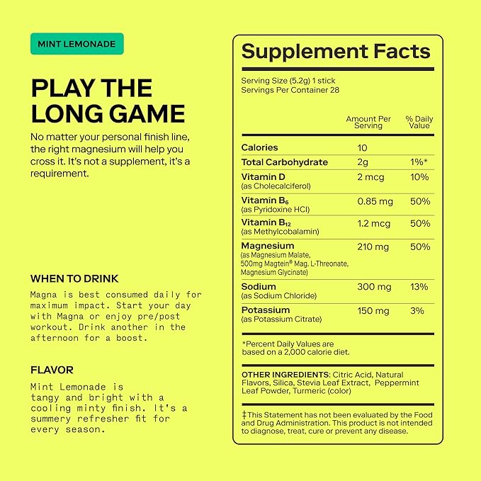MAGNA Electrolyte Powder Drink Mix for Hydration, Energy & Focus Support with Magnesium L Threonate, Malate & Glycinate, Sodium, Potassium, Vitamin D, B6 & B12, Lemon Lime Flavor, 14 Servings