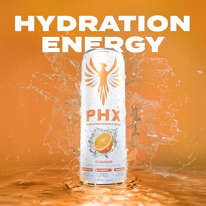 PHX Hydration Energy Drink - 700mg Electrolytes, 200mg Natural Green Tea Caffeine, 100% Daily Value 8 Essential Vitamins - 12 oz Cans (12 Pack) (12 Pack, Orange)