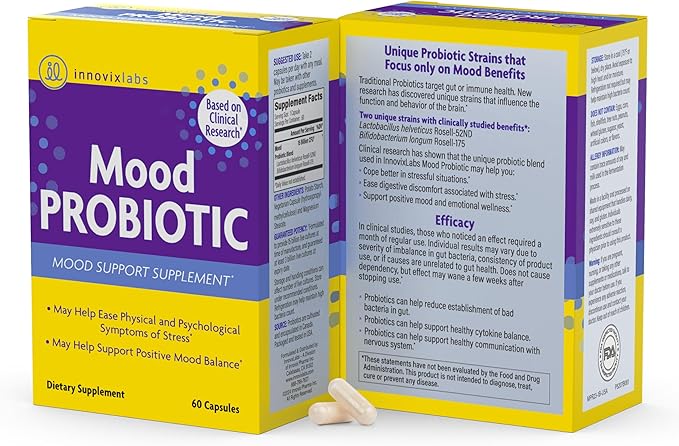 InnovixLabs Mood Probiotic for Women & Men, Clinically Studied Digestive & Mood Support Supplement, Lactobacillus helveticus Rosell-52ND & Bifidobacterium longum Rosell-175, 60 Capsules