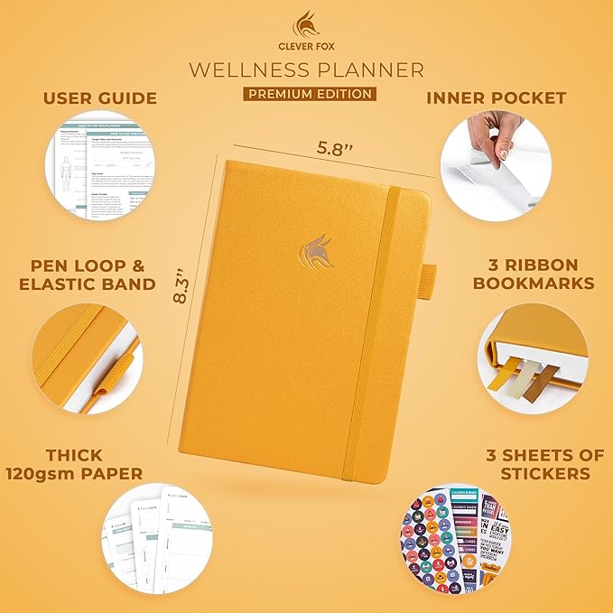 Clever Fox Wellness Planner - Weekly & Daily Health and Wellness Log, Food Journal & Meal Planner Diary for Calorie Counting, Notebook for Medical Condition Tracking, A5-Sized - Amber Yellow