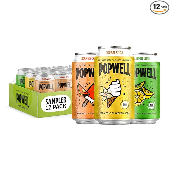 Popwell Caffeinated Variety Pack Better-For-You Prebiotic Soda, with 6g Fiber, 1g Sugar, Vitamins and Immunity Support, 12 fl oz, 12 count (Orange Cream, Lemon Lime, Cream Soda)