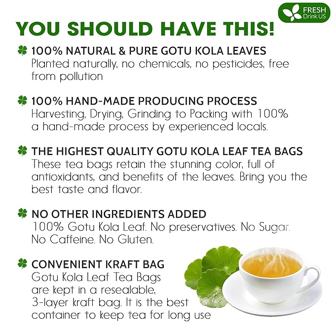 FreshDrinkUS, Premium Gotu Kola Leaf Tea β 40 Tea Bags | Pure Dried Centella Asiatica Leaves | Naturally Caffeine-Free Herbal Tea | Refreshing Aroma & Smooth Taste | Premium Herbal Infusion. Vegan