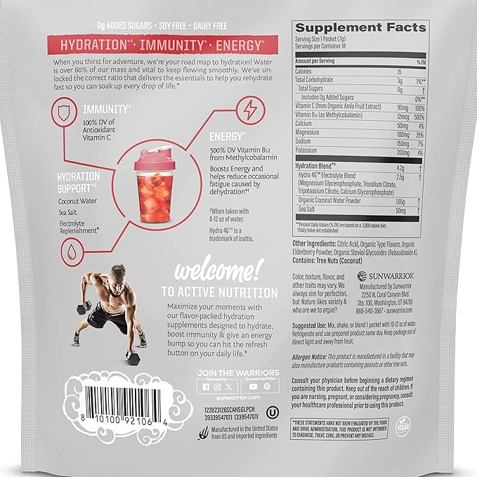 Sunwarrior Hydration Powder Electrolyte Packets Powder | Strawberry Colada Flavored | 18 Stick Packs 126g Pouch | Vegan and Plant-Based Sugar Free | B12 Elderberry and Electrolytes | Active Hydration