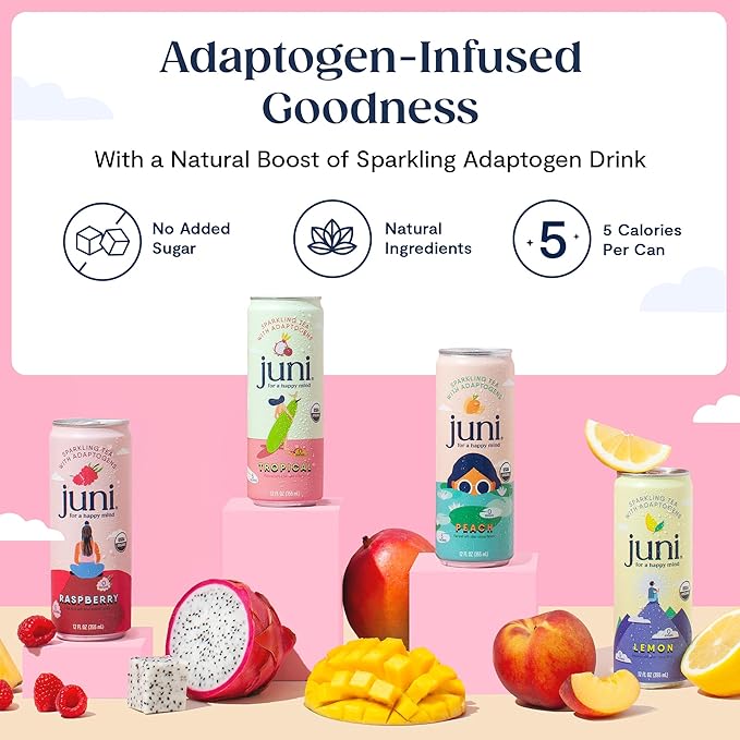 Juni Sparkling Adaptogen Drink with Ashwagandha, Lion’s Mane & Reishi Mushrooms | Green Tea for Focus, Zero Sugar, 5 Calories, Organic | Non Alcoholic Drinks - Lemon 12 pack