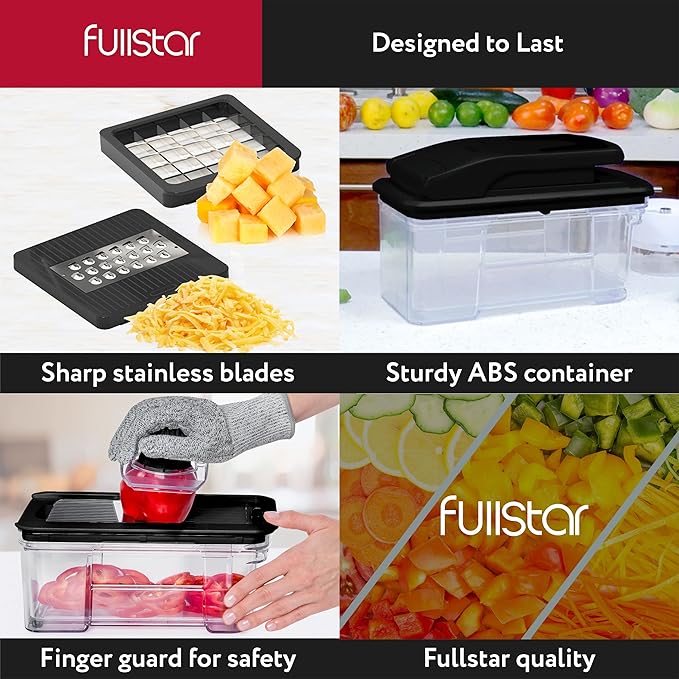 Fullstar All-in-1 Vegetable Chopper and Mandoline Slicer for Kitchen - Cheese Grater, French Fry Cutter, Cheese Slicer - Bonus Handheld Spiralizer Included (6 in 1, Black)