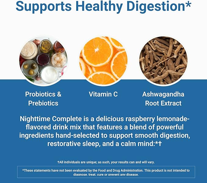 Nighttime Complete by Activated You Daily Wellness Drink for Gut Health with Ashwagandha - Raspberry Lemonade with Prebiotics, Probiotics, Vitamin C - Supports Relaxation & Digestion, Plant-Based
