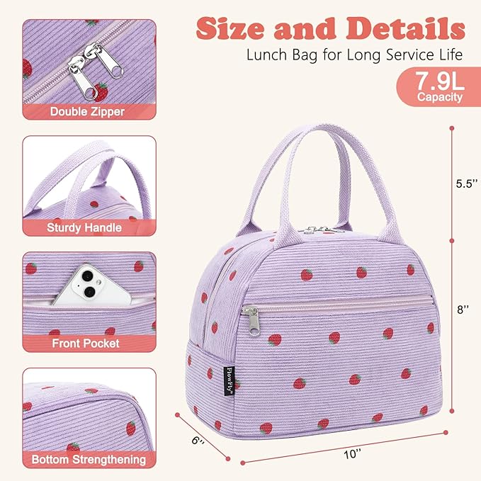 FlowFly Insulated Lunch Bag for Women – Corduroy Lunch Tote Box, Cute Cooler Bag for Work, Travel, Picnic,Corduroy Strawberries Purple