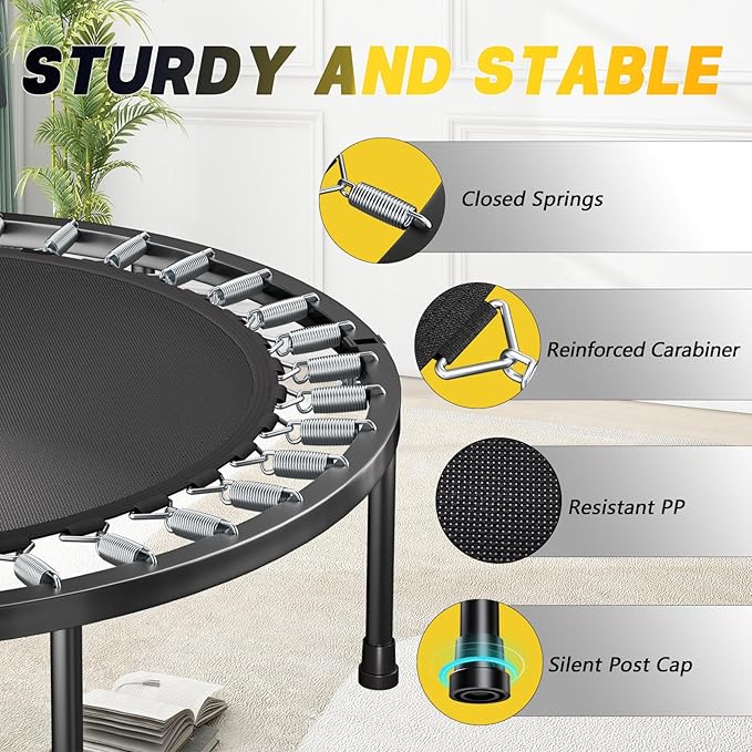 Rebounder Trampoline for Adults - 40" Foldable Mini Trampoline Fitness Rebounder with Adjustable U-Bar Handle, Max Load 350lbs,Stable Quiet Indoor/Outdoor Exercise Equipment