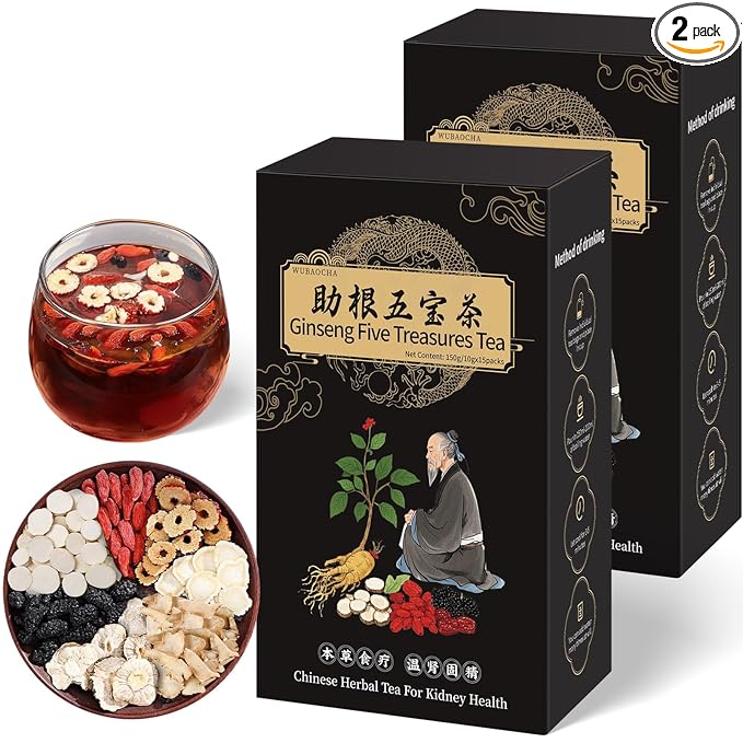 Ginseng Five Treasures Kidney Tea - Chinese Six Treasure Organic Cleanse Detox for Women and Men's Health - 7 Precious Ingredients Formula (30 Bags/2 Boxes)