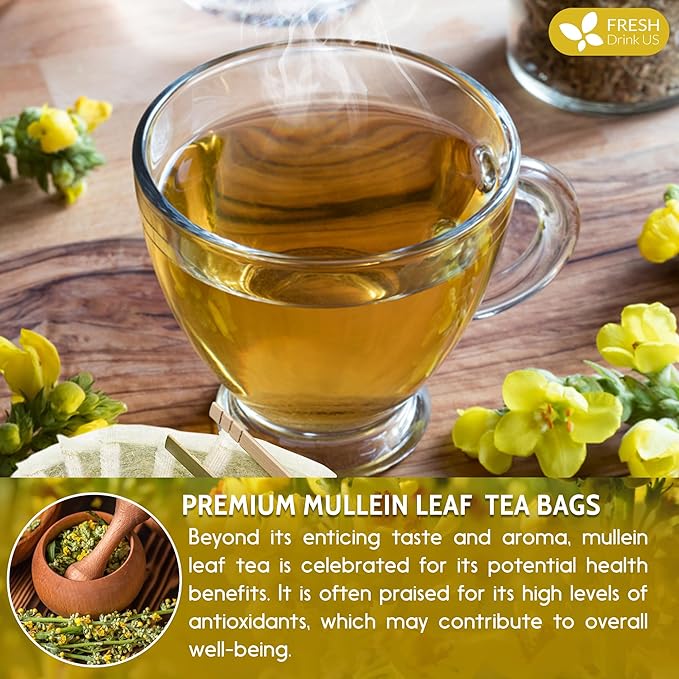 FreshDrinkUS, Premium 35 Mullein Leaf Tea Bags For Lung, 100% Natural & Pure from Mullein Leaves. Loose Leaf Mullein Herbal Tea. Made with Natural Material Tea Bags. No Sugar, No Caffeine, No Gluten, Vegan.