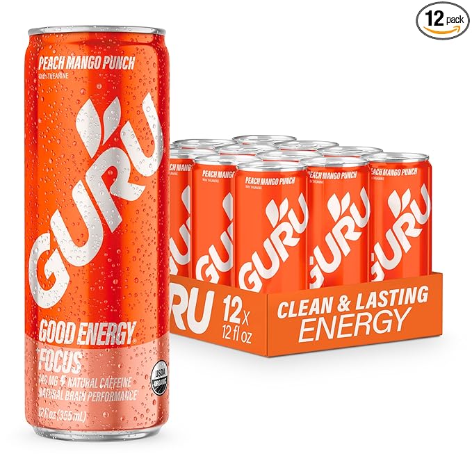GURU Peach Mango Punch Organic Energy Drinks, Clean Energy Drink with Plant Based Natural Caffeine from Green Tea + Focus with L Theanine, Gluten Free and Vegan, 140MG Caffeine, 12oz (Pack of 12)