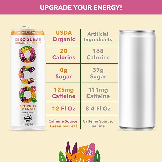 OCA ZERO Tropical Mango, Organic energy drink, zero sugar, gluten-free, vegan plant-based, 12 Fl Oz (12-pack)