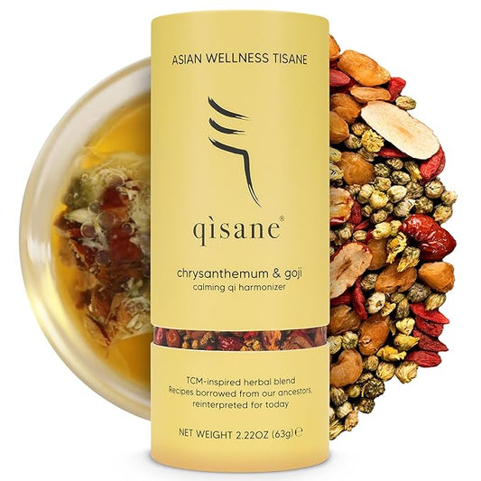 qìsane Chrysanthemum Tea Bags with Organic Dried Goji Berries - Dried Chrysanthemum Flowers, Dried Longan Fruit & Jujube Dates - Herbal Tea to Support Calmness & Well-Being - 10 sachets (~30 cups)