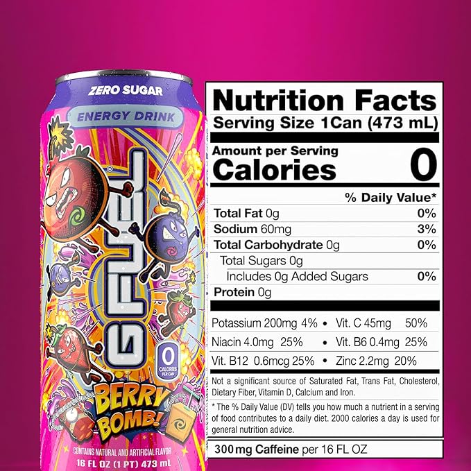 G Fuel Energy Drink, Berry Bomb, Sugar Free Carbonated Beverage with 300mg Caffeine, Daily Energy Boost with Focus Amino, Vitamin + Antioxidants, 16 oz Cans (Berry Bomb, 12-Pack)