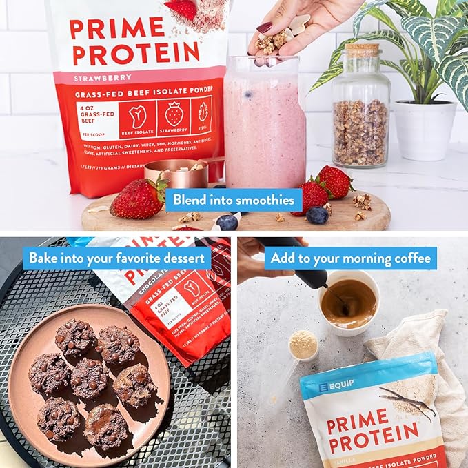 Equip Foods Prime Protein Powder | Clean, Grass Fed Beef Protein Isolate | Carnivore Protein Powder | Paleo, Keto Friendly | Gluten, Dairy Free | Helps Build & Repair Tissue | 30 Servings, Strawberry